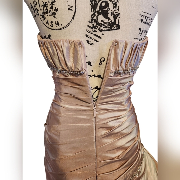 Tiffany Designs Champagne Asymmetrical Ruched Gown - Picture 6 of 13